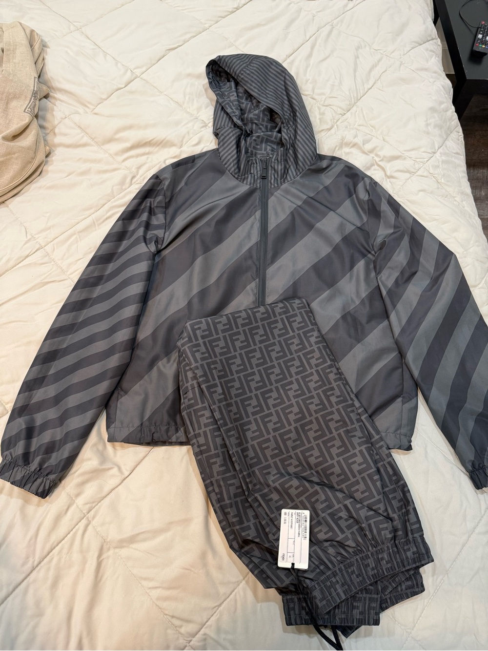 Fendi Gray Striped Hooded Jacket and FF Monogram Joggers